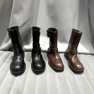 欧洲站乐魔马丁靴女2025年秋冬新款 靴短靴 欧货真皮圆头皮带扣时装