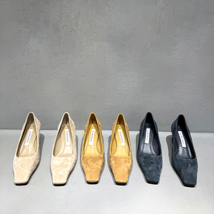 欧洲站女鞋2026年早春新款欧货真皮方头浅口高跟鞋磨砂皮低帮单鞋