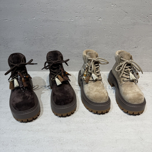 欧洲站真皮短靴女2025年秋冬新款 欧货磨砂皮圆头厚底前系带马丁靴