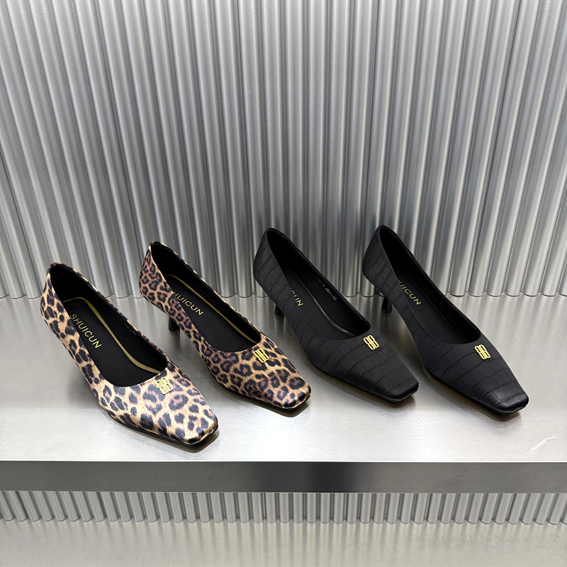 欧洲站女鞋2026年春季新款欧货真皮方头浅口高跟鞋女豹纹细跟单鞋