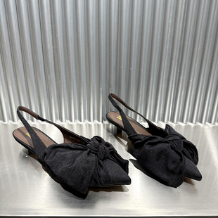 欧洲站2026年春季新款欧货布面蝴蝶结包头时装凉鞋尖头小高跟单鞋