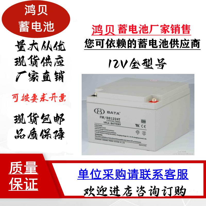 BATA 鸿贝蓄电池FMBB1224T12V铅酸电池免维护12V24AH消防主机专用