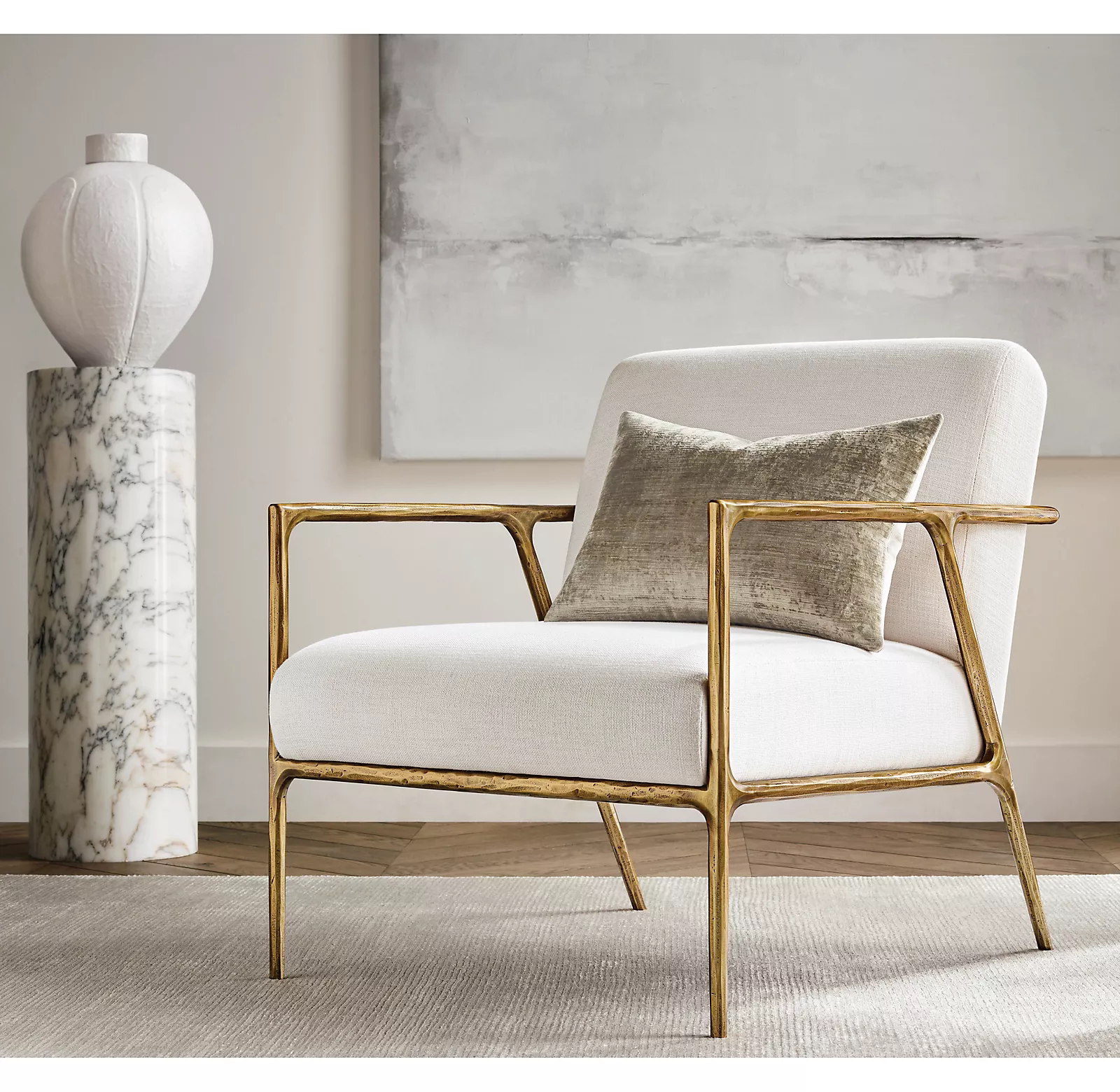 美国Rh美式真皮休闲椅意式轻奢现代简约金属锻打布艺单人沙发椅