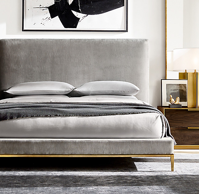 亚麻布艺软包床美国Rh家具简约现代双人床美式乡村复古婚床牛皮床