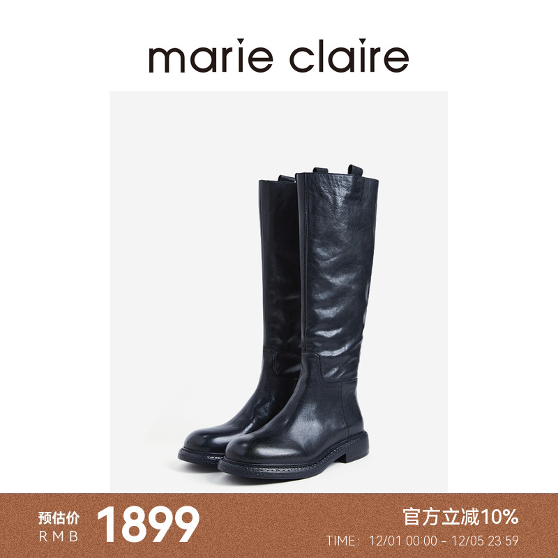 MC女鞋水洗极简骑士靴2025年冬午夜巴黎黑长筒靴marieclaire女鞋