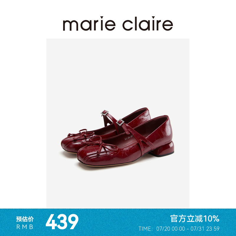 MC女鞋樱桃红牛油皮蝴蝶结方跟复古玛丽珍鞋夏季marieclaire女鞋