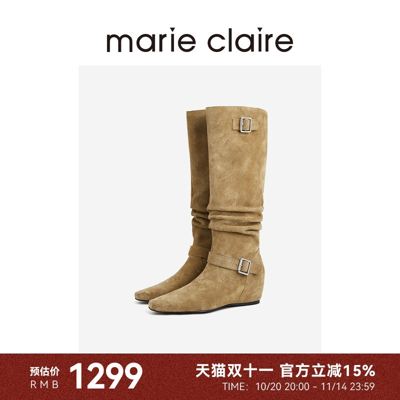 MC女鞋堆堆宽筒长靴2025年冬内增高尖头骑士长靴marieclaire女鞋