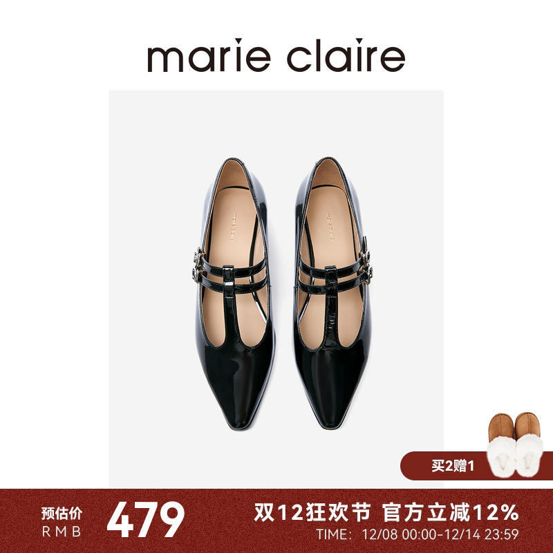 T带尖头时尚漆面玛丽珍鞋单鞋