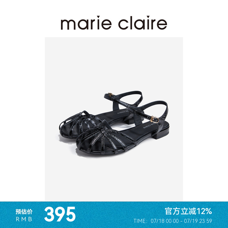 MC女鞋午夜巴黎黑牛油皮复古细带圆头罗马凉鞋marieclaire女鞋