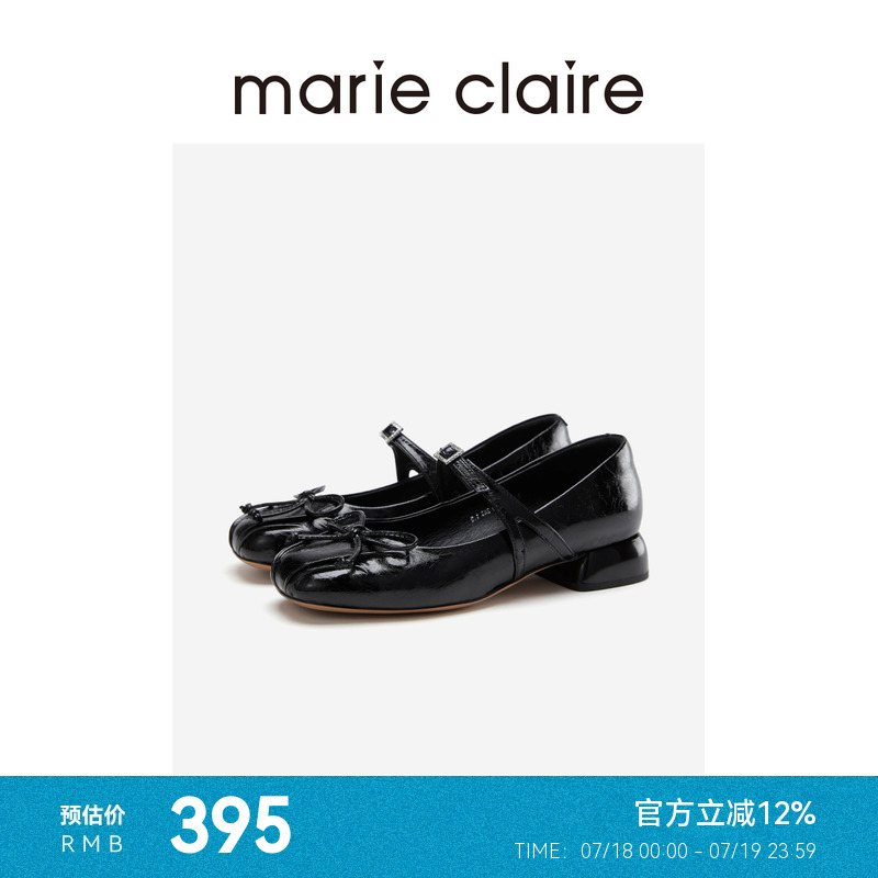 MC女鞋黑色牛油皮蝴蝶结方跟复古玛丽珍鞋夏季marieclaire女鞋