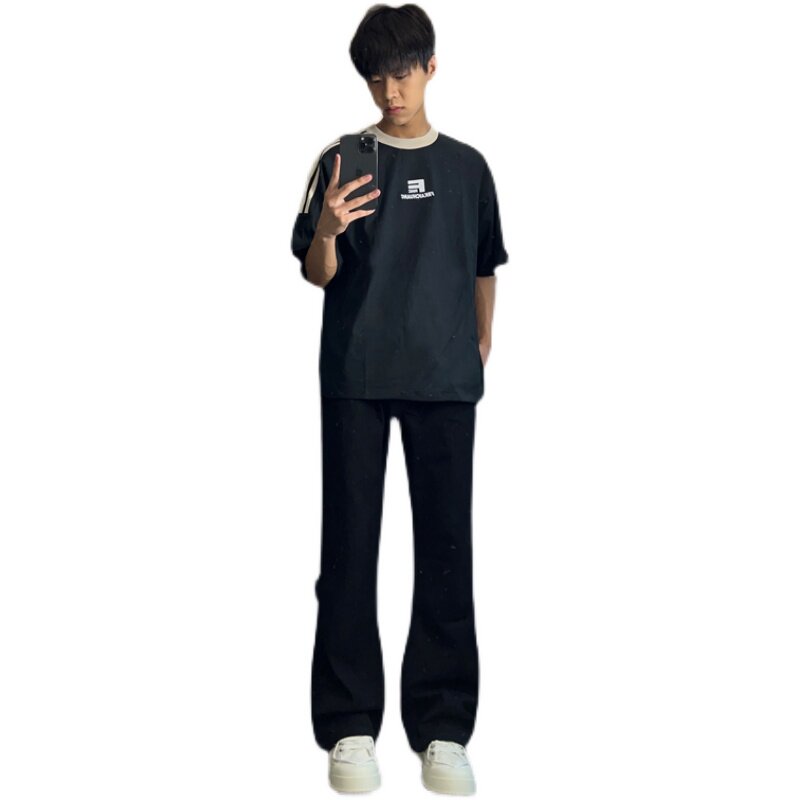 早秋美高街纯黑色弹力修身直筒大码微喇情侣牛仔裤男K860-P50,男装牛仔裤,星座205