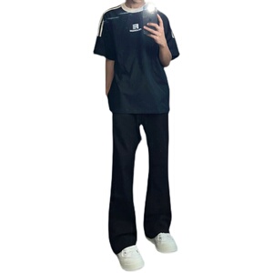 早秋美高街纯黑色弹力修身直筒大码微喇情侣牛仔裤男K860-P50图片