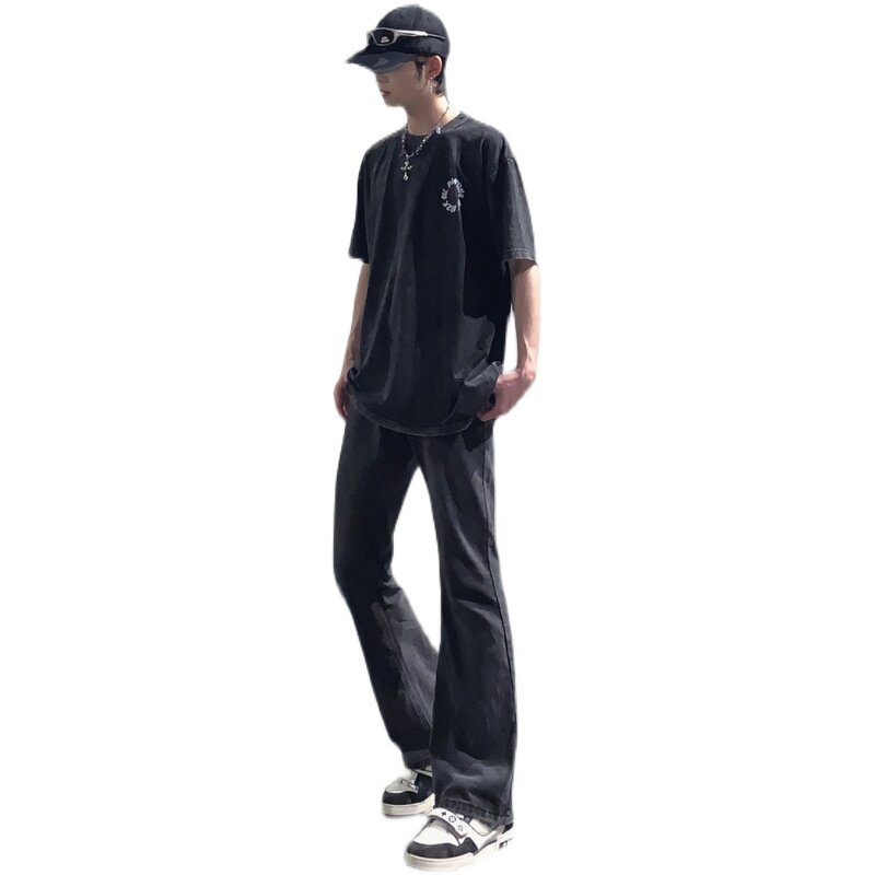 早秋美高街纯黑色弹力修身直筒大码微喇情侣牛仔裤男K860-P50,男装牛仔裤,星座205