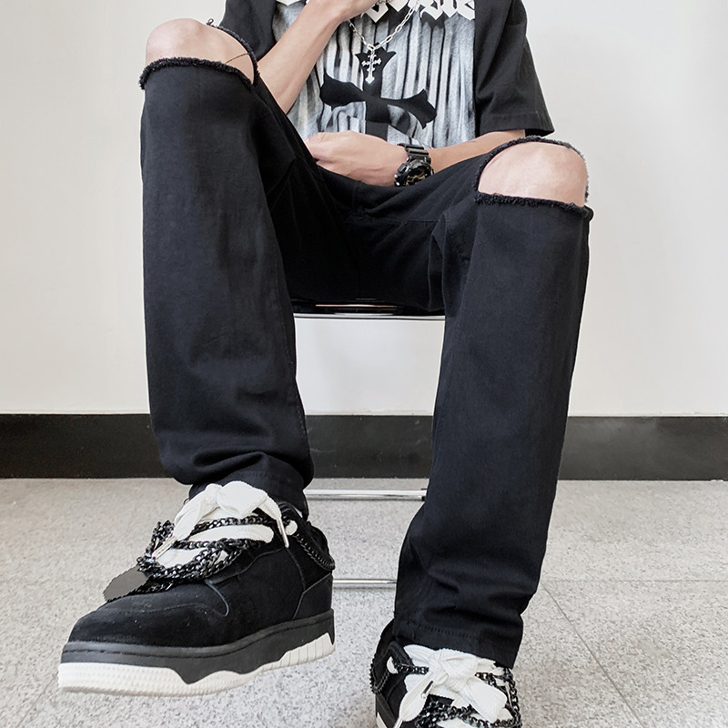 黑色膝盖破洞修身小脚弹力纯色牛仔裤男K802-K862-K867-P50控78，男装牛仔裤，星座205