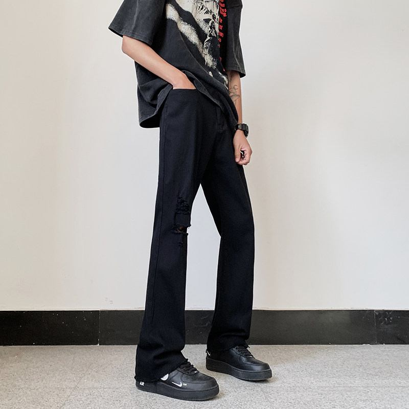 早秋高街弹力黑色微喇修身毛边牛仔裤直筒长裤男K866-P50,男装牛仔裤,星座205