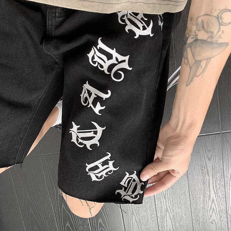 高街欧美涂鸦设计感vibe毛边五分宽松薄款牛仔短裤男K506-P40，男装牛仔裤，星座205