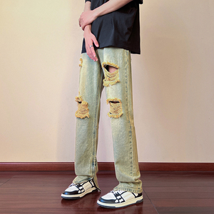 春夏 高街vibe修身破洞黄泥染拉链牛仔裤男 K822-K823-P65 控88图片