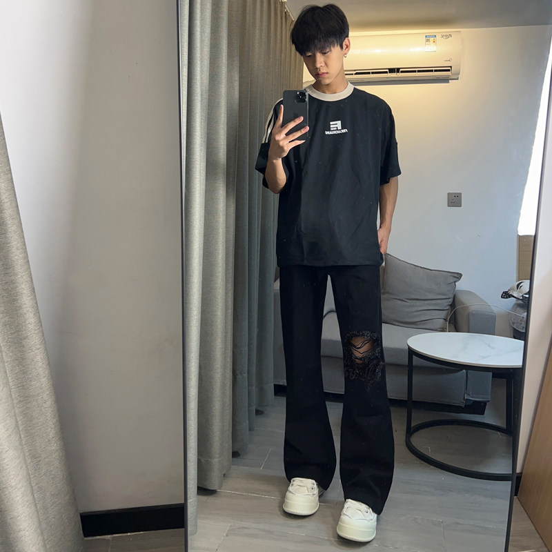 早秋美高街纯黑色弹力修身直筒大码微喇情侣牛仔裤男K860-P50,男装牛仔裤,星座205