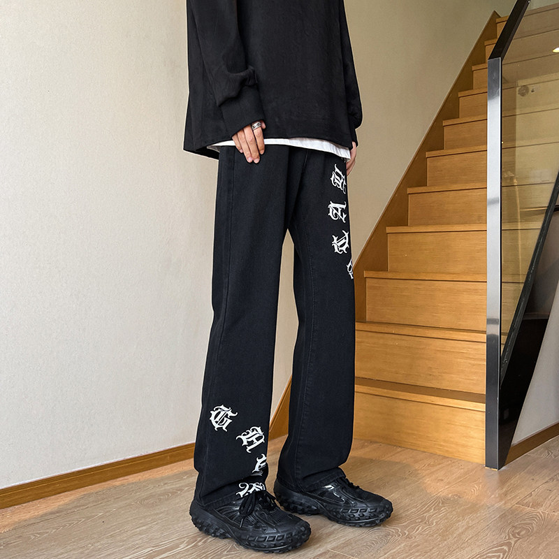 夏季美式高街微喇叭vibe梵文牛仔裤嘻哈宽松百搭休闲裤男K606-P40,男装牛仔裤,星座205