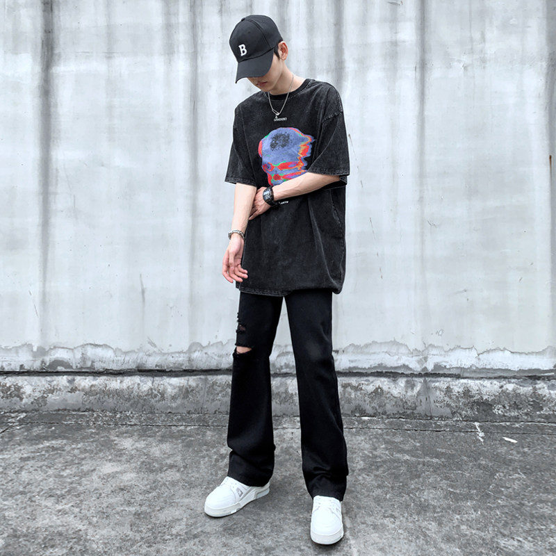 早秋美高街纯黑色弹力修身直筒大码微喇情侣牛仔裤男K860-P50,男装牛仔裤,星座205
