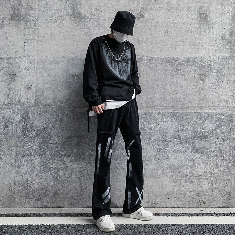 情侣高街美式vibe微喇扎染修身牛仔裤男黑色休闲裤K883-P55,男装牛仔裤,星座205
