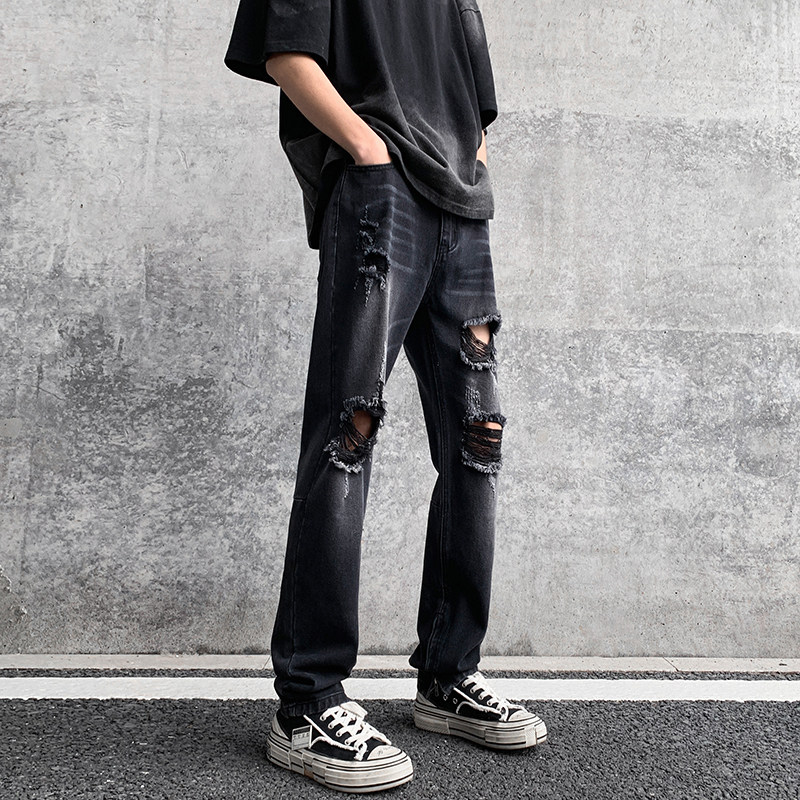 春夏高街vibe修身破洞黄泥染拉链牛仔裤男K822-K823-P55,男装牛仔裤,星座205