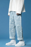 夏季薄款浅色美式高街潮牌痞帅牛仔裤男直筒满印休闲裤K117-P50，男装牛仔裤，星座205