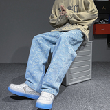 松紧腰欧美街头满印刺绣高街抽绳腰果花大码宽松牛仔裤男K227-P45，男装牛仔裤，星座205