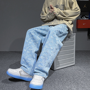 松紧腰欧美街头满印刺绣高街抽绳腰果花大码宽松牛仔裤男K227-P45图片