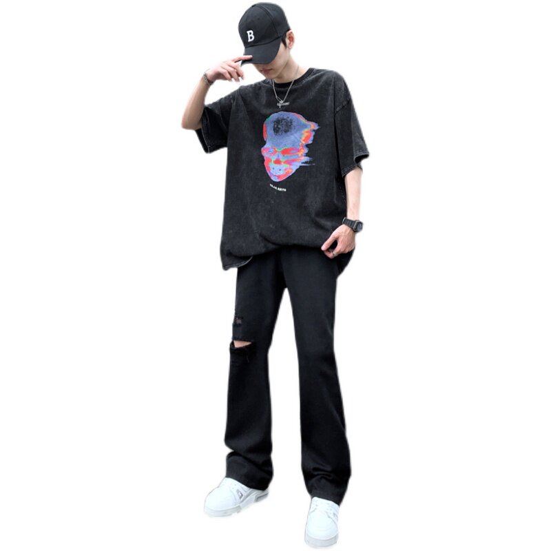 早秋美高街纯黑色弹力修身直筒大码微喇情侣牛仔裤男K860-P50,男装牛仔裤,星座205