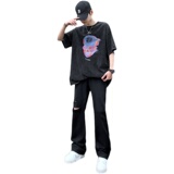 早秋美高街纯黑色弹力修身直筒大码微喇情侣牛仔裤男K860-P50，男装牛仔裤，星座205