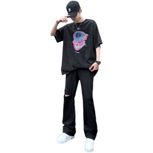 早秋美高街纯黑色弹力修身直筒大码微喇情侣牛仔裤男K860-P50图片