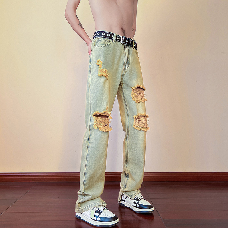 春夏高街vibe修身破洞黄泥染拉链牛仔裤男K822-K823-P65控88,男装牛仔裤,星座205