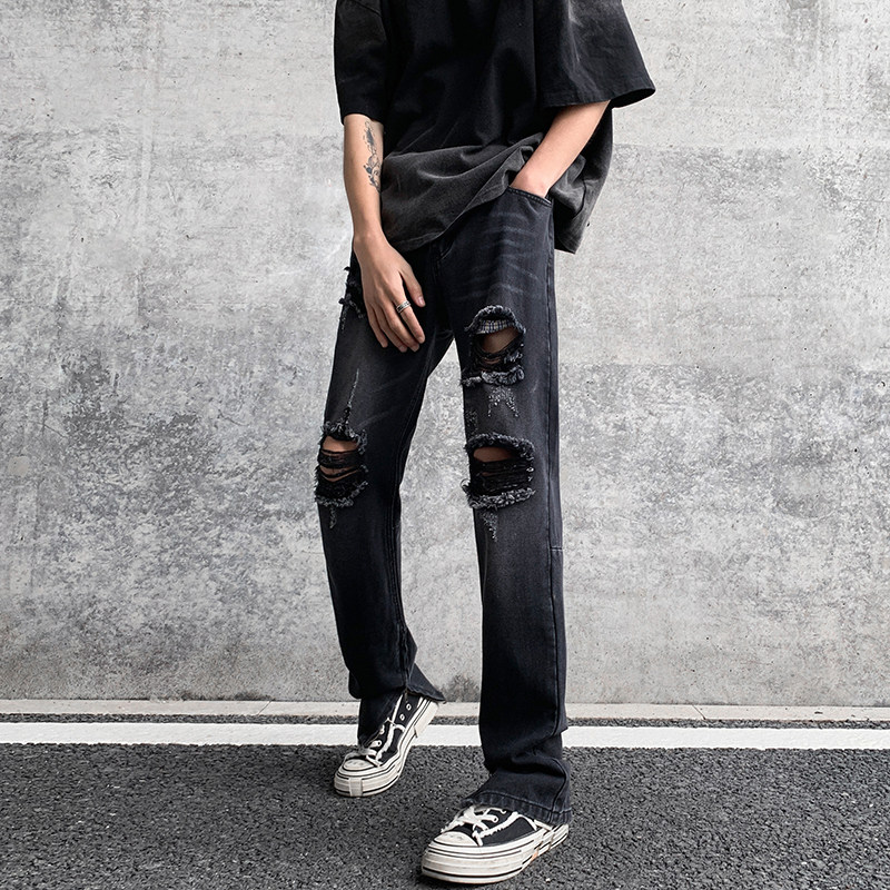 春夏高街vibe修身破洞黄泥染拉链牛仔裤男K822-K823-P55,男装牛仔裤,星座205