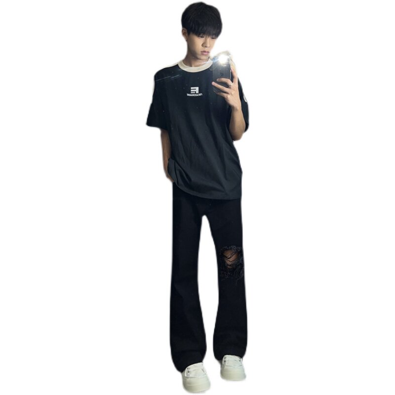 早秋美高街纯黑色弹力修身直筒大码微喇情侣牛仔裤男K860-P50,男装牛仔裤,星座205