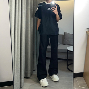 早秋美高街纯黑色弹力修身直筒大码微喇情侣牛仔裤男K860-P50图片