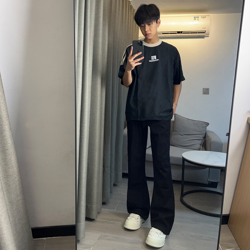 早秋美式高街纯黑色弹力修身直筒大码微喇牛仔裤男 K860-P50图片