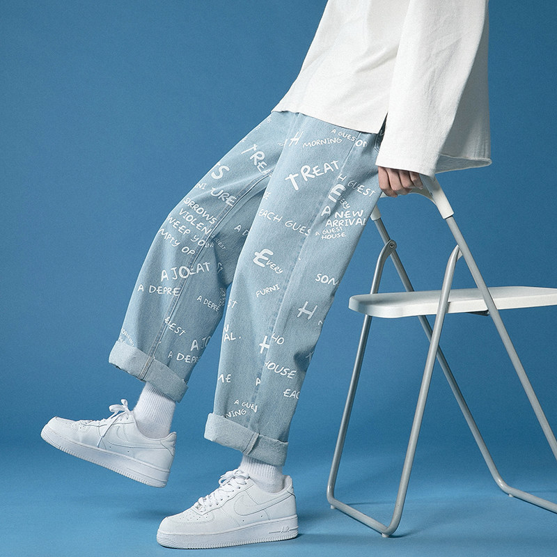 夏季薄款浅色美式高街潮牌痞帅牛仔裤男直筒满印休闲裤K117-P50，男装牛仔裤，星座205