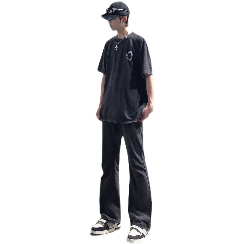早秋美高街纯黑色弹力修身直筒大码微喇情侣牛仔裤男K860-P50,男装牛仔裤,星座205