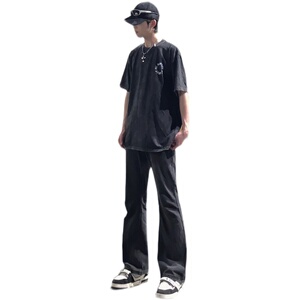 早秋美高街纯黑色弹力修身直筒大码微喇情侣牛仔裤男K860-P50图片