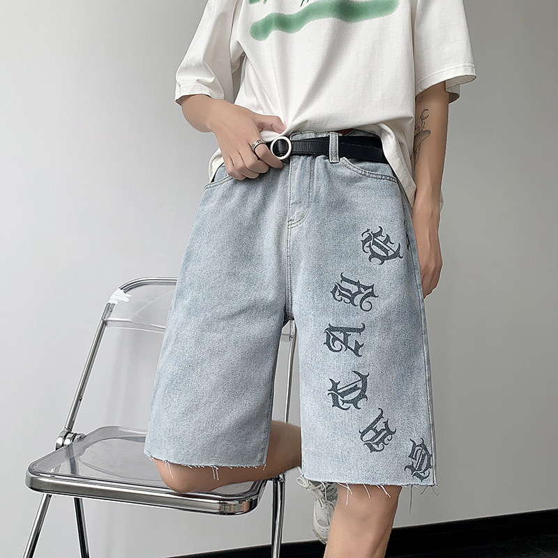 高街欧美涂鸦设计感vibe毛边五分宽松薄款牛仔短裤男K506-P40，男装牛仔裤，星座205