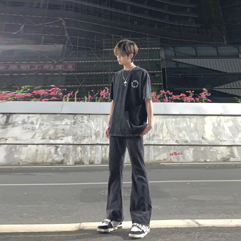 早秋美高街纯黑色弹力修身直筒大码微喇情侣牛仔裤男K860-P50,男装牛仔裤,星座205