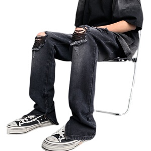 春夏 高街vibe修身破洞黄泥染拉链牛仔裤男 K822-K823-P55图片