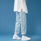夏季薄款浅色美式高街潮牌痞帅牛仔裤男直筒满印休闲裤K117-P50，男装牛仔裤，星座205