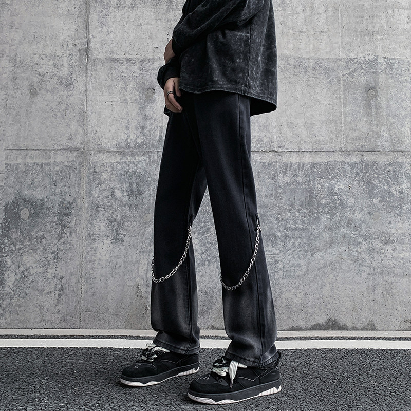 早秋高街vibe黑色扎染设计感链条修身微喇牛仔裤男K880-P55控78,男装牛仔裤,星座205