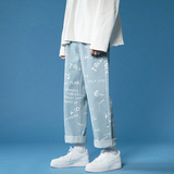 夏季薄款浅色美式高街潮牌痞帅牛仔裤男直筒满印休闲裤K117-P50，男装牛仔裤，星座205