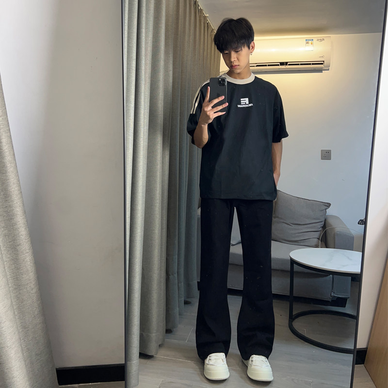 早秋美高街纯黑色弹力修身直筒大码微喇情侣牛仔裤男K860-P50图片