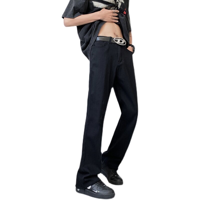早秋高街弹力黑色微喇修身毛边牛仔裤直筒长裤男K866-P50,男装牛仔裤,星座205