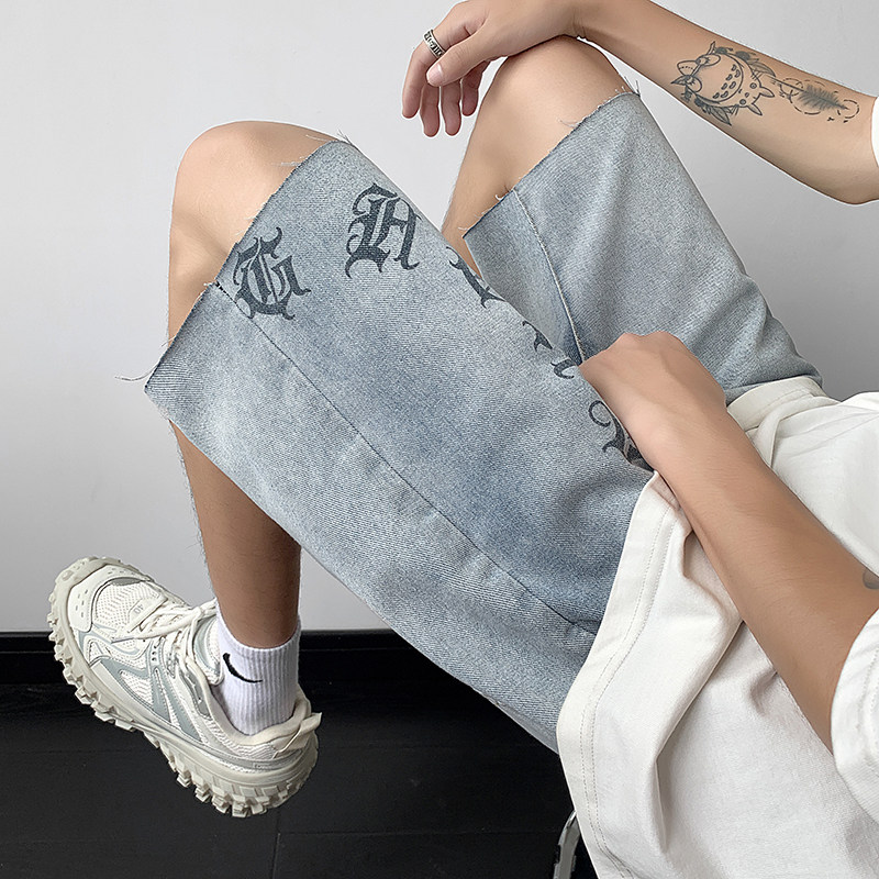 高街欧美涂鸦设计感vibe毛边五分宽松薄款牛仔短裤男K506-P40，男装牛仔裤，星座205