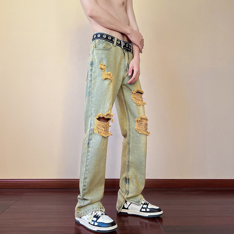 春夏高街vibe修身破洞黄泥染拉链牛仔裤男K822-K823-P65控88,男装牛仔裤,星座205